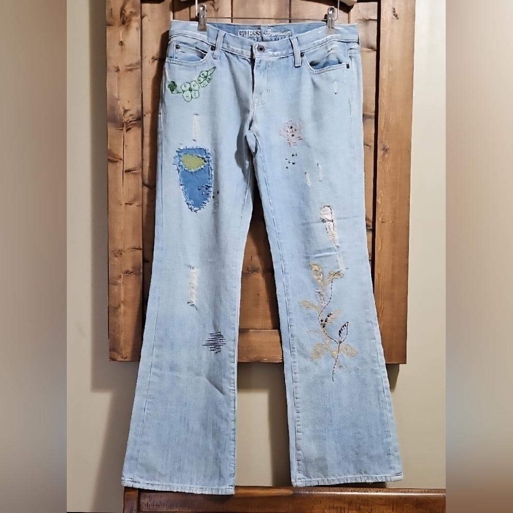 Guess Premium Distressed  Embroidered Low Rise Flared Jeans Size 29